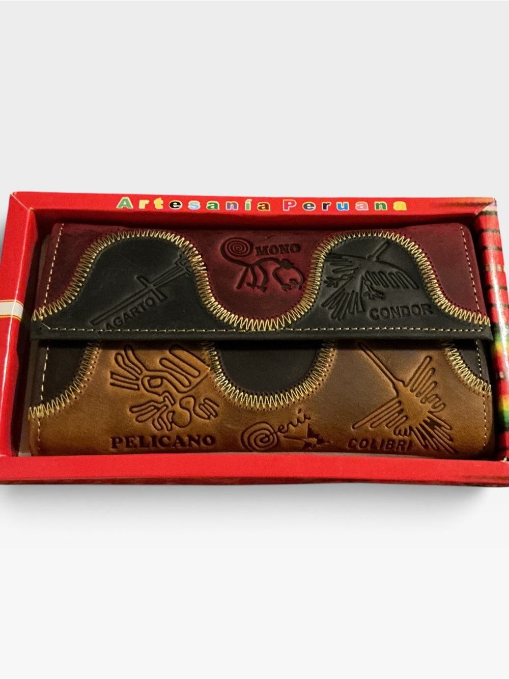 🌼NIB:Handmade Peruvian Embossed Tooled Leather Long Wallet Nazca Lines Motifs